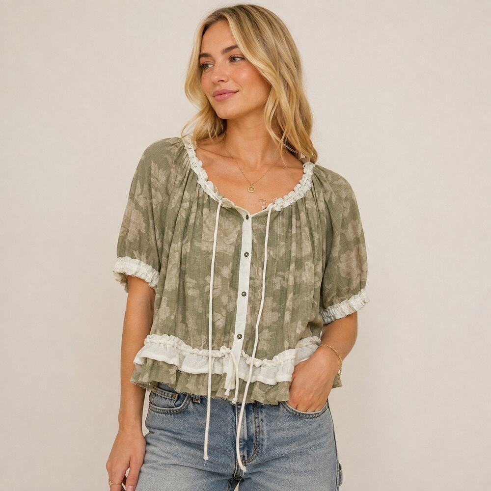 Free People Boho Cottagecore Flowy Top Sage Green with Cream Accents Women L